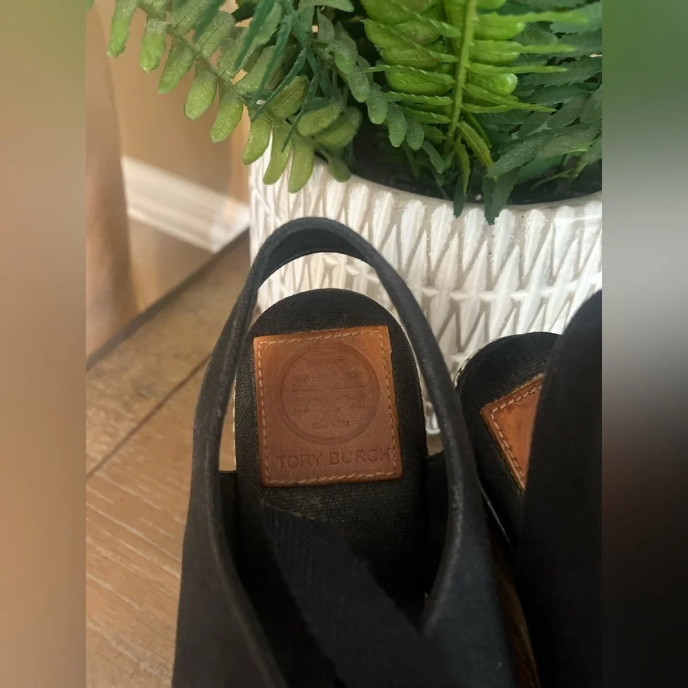 TORY BURCH Black Lace Up Canvas Espadrille Wedges Sandals Size 5
